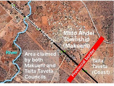 Image showing the source of the border conflict between Makueni and Taita Taveta County Councils. Satellite image by Google Maps